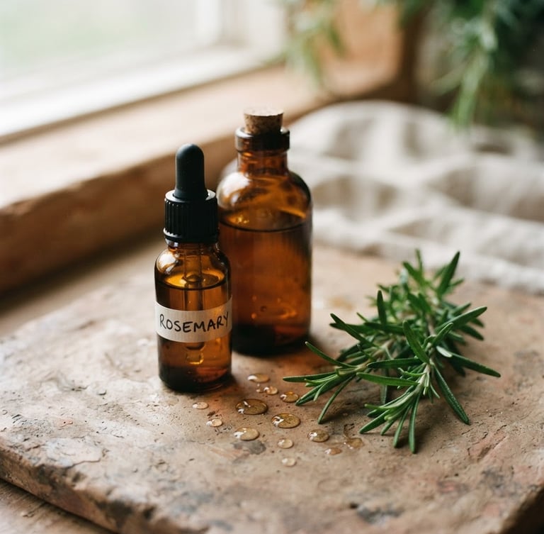 Macro close-up of amber glass apothecary bottles resting on a textured clay surface next to a fresh rosemary sprig and delicate oil droplets, bathed in soft, diffused side-lit window daylight with gentle, organic shadows.