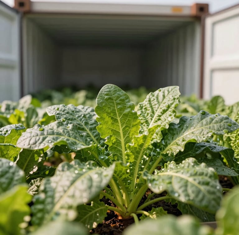 Extreme close-up of fresh green organic crops inside a modern refrigerated distribution container, soft natural light reflecting off crisp leaves, 35mm lens.