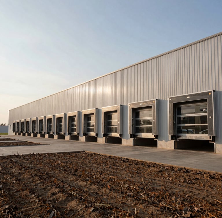Wide-angle crisp editorial shot of a modern clean agricultural distribution facility, early morning low-angle sunlight, stainless steel loading docks, 35mm lens.