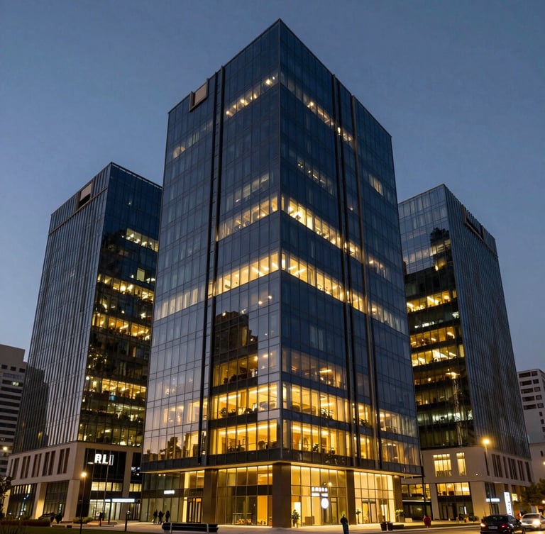 Wide architectural angle of modern Erbil business district at dusk, crisp twilight, deep navy and warm gold interior lights reflecting on glass facades, premium corporate photography, 35mm