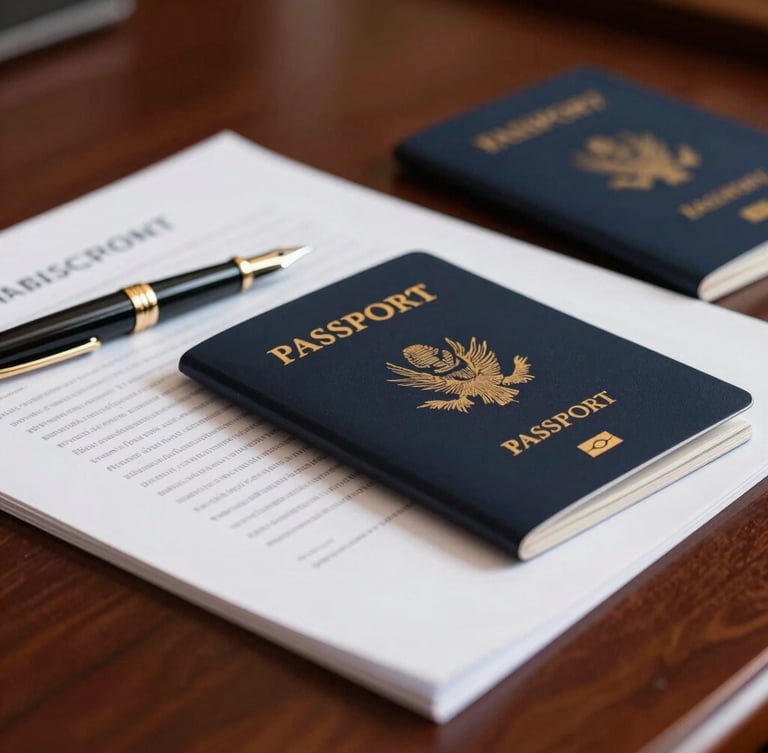Close-up of legal documents, passports, and a fountain pen on a dark mahogany desk, dramatic executive lighting, shallow depth of field, premium corporate photography.