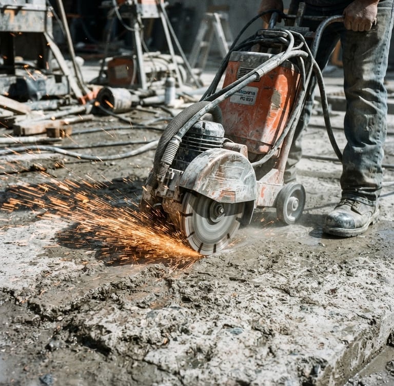 Close-up of a heavy-duty concrete grinder cutting into a rough industrial slab, high-contrast direct sunlight, orange safety sparks, gritty texture, 35mm
