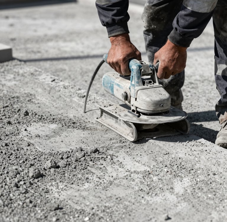 Close-up of a worker in high-vis safety gear operating a heavy-duty concrete grinder on an uneven slab, harsh direct sunlight, high-contrast cool grey tones, sharp focus, detailed concrete texture, 35mm