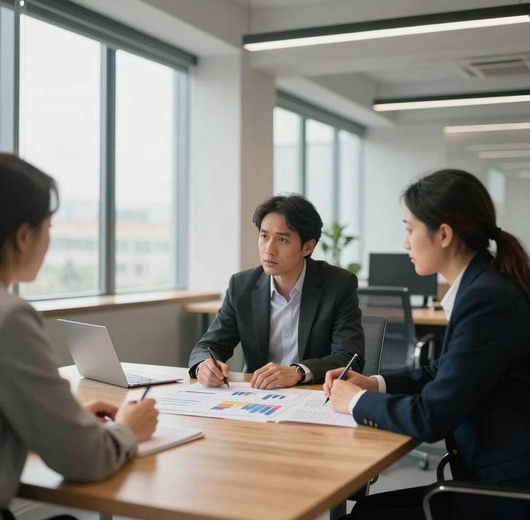 Wide environmental shot of a collaborative corporate meeting, natural daylight, two professionals discussing a financial roadmap over a clean wooden table, modern architectural office background