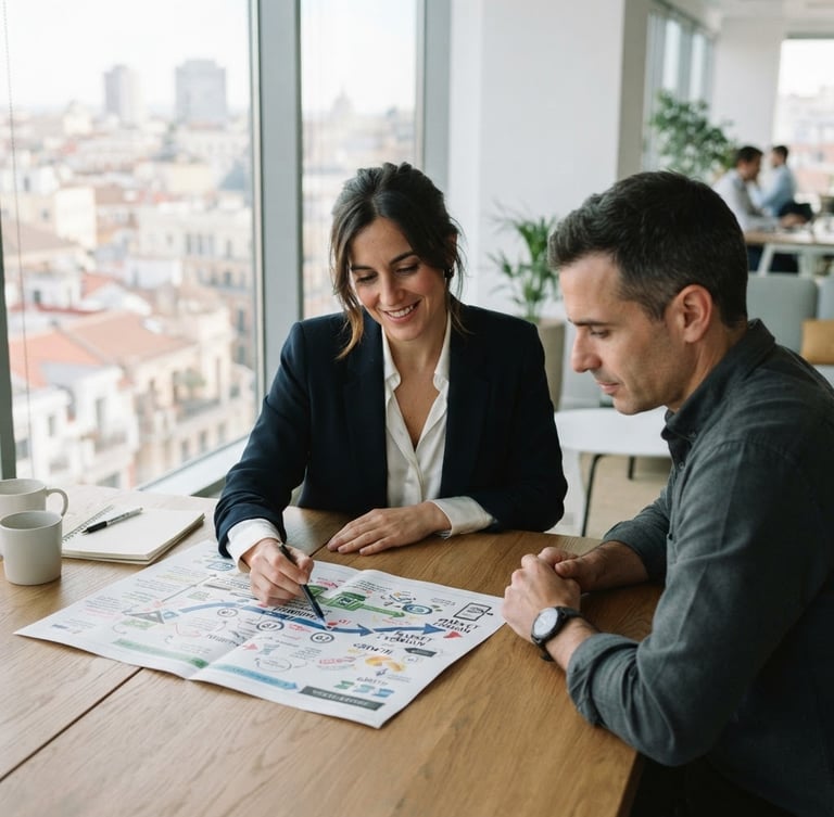 editorial corporate photography, natural window daylight, two professionals looking at a printed strategic roadmap on a wooden table in a bright, modern Madrid office, shallow depth of field, 35mm