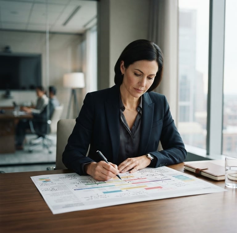 Editorial corporate photography, natural window daylight, a professional partner in a quiet modern boardroom looking over a printed strategic roadmap, shallow depth of field, 35mm