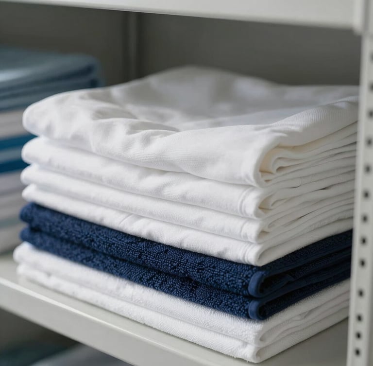 Tight close-up of neatly folded crisp white linens and navy blue towels stacked on a clean metal shelf, bright morning light, clinical and organized atmosphere.