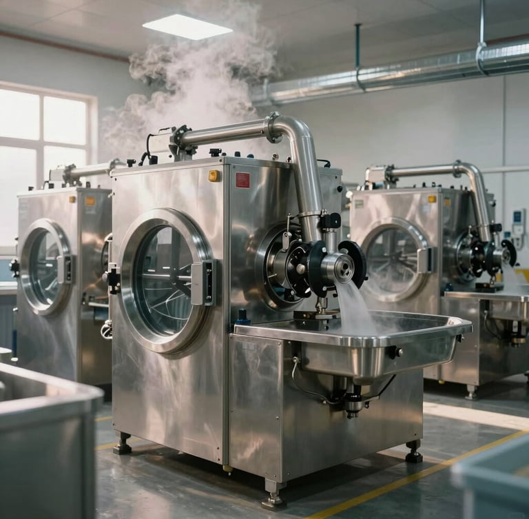 Wide shot of a pristine, organized industrial laundry facility, clean metallic machinery, steam rising softly in the background under morning light.