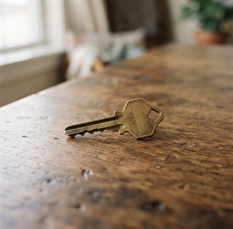 A close-up of a brass house key resting on a warm wooden table, soft morning window light, realistic residential detail, 35mm lens