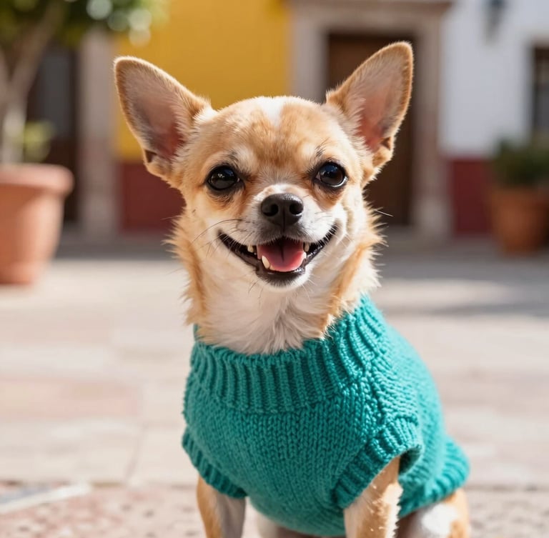 Close-up eye-level shot of a happy Chihuahua wearing a vibrant teal knitted sweater, sitting in a sun-drenched courtyard in Mexico, warm daylight, shallow depth of field.