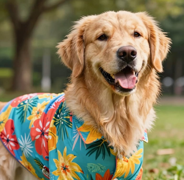 Vibrant close-up of a happy golden retriever wearing a colorful tropical print shirt, warm natural daylight, cheerful outdoor park setting, shallow depth of field, 35mm lens