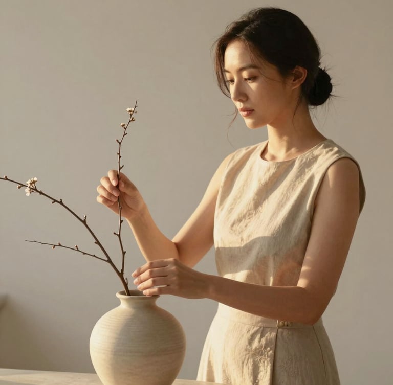 Warm editorial portrait of a female designer arranging delicate branches in a ceramic vase, soft golden hour sunlight, neutral background, 35mm