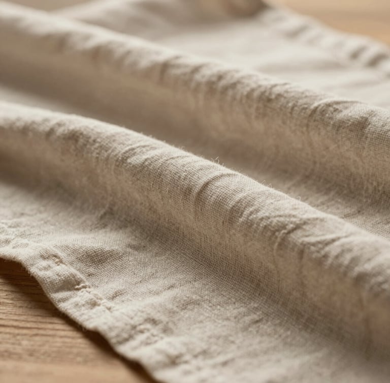 Macro shot of textured linen draped over a wooden surface, soft shadows, warm neutral tones, elegant styling, shallow depth of field