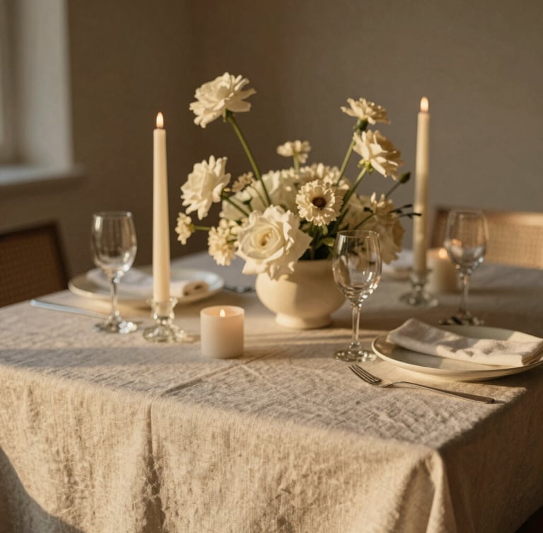Elegant minimalist table setting, linen tablecloth, tall tapered candles, architectural floral centerpiece, warm golden hour light, shallow depth of field, 35mm photography