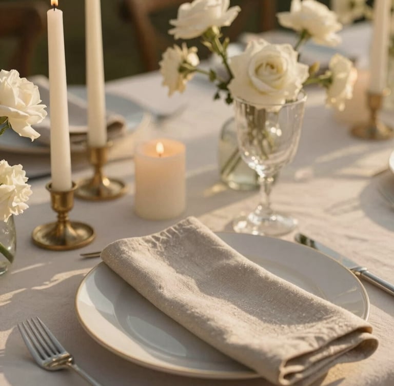 Close-up portrait of a beautifully styled wedding table setting with high candles, textured neutral linen napkins, and delicate white flowers, warm golden hour sunlight, 35mm photography