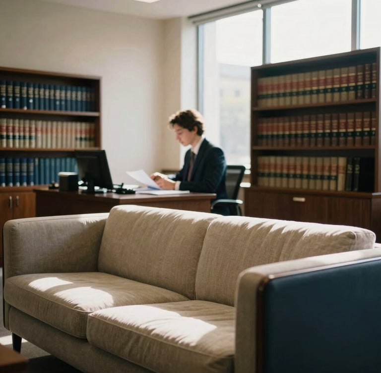Warm, inviting law office interior with natural light, a comfortable seating area, and shelves of legal books. A partner is seen in the background, out of focus, reviewing documents at a large desk. Soft, directional window light, 35mm.
