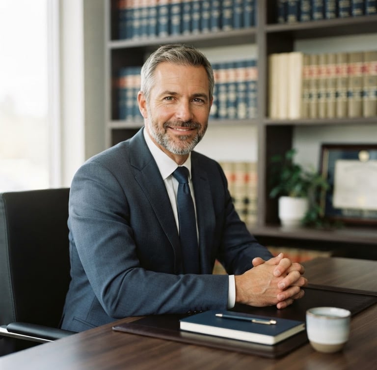 Medium close-up portrait of a male attorney in a naturally lit modern office, direct and reassuring gaze, soft focus background of legal books, muted navy and cream tones.