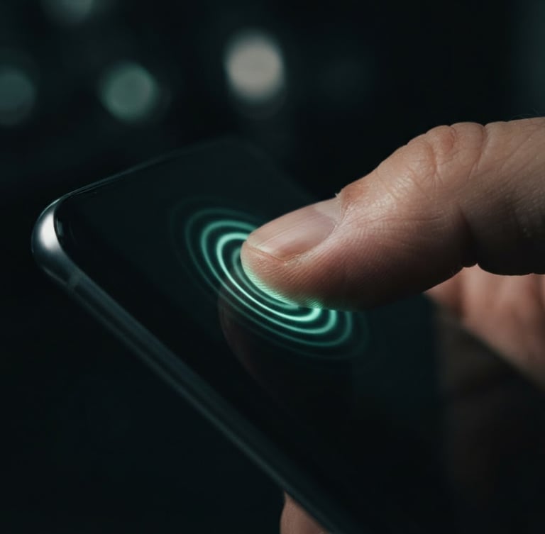 Moody macro shot of a thumb interacting with a curved OLED screen, soft neon-mint haptic waves radiating from the touch point, low-key studio lighting, shallow depth of field