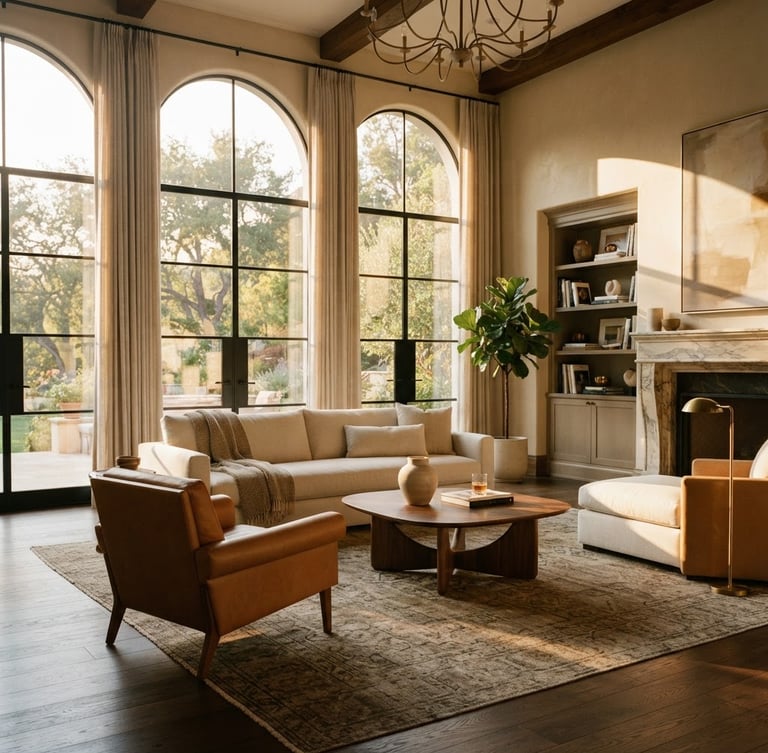 Elegant, sun-drenched luxury living room with high ceilings, warm golden-hour light streaming through tall windows, minimal refined furniture, 35mm editorial photography