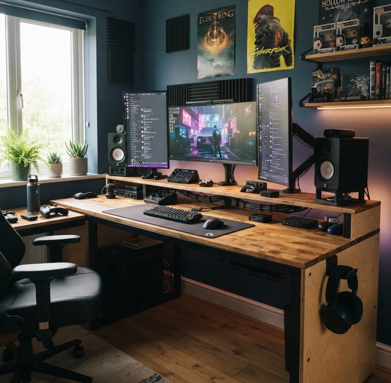 Wide shot of a KORTEX modular gaming desk setup in a teen's room, showing multiple monitors, cable management, and warm birch plywood textures under natural window light, with matte black steel accents. A pair of headphones hangs neatly on a desk hook.