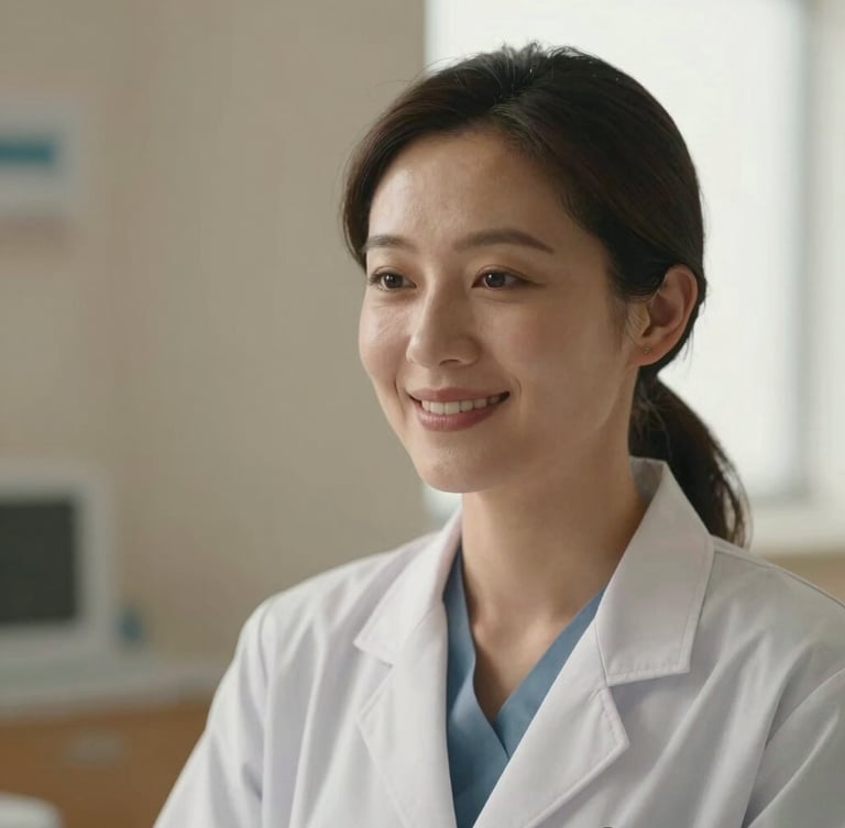 Warm editorial medium close-up of a female doctor in a soft-lit medical clinic, smiling warmly, natural window light, shallow depth of field, 35mm