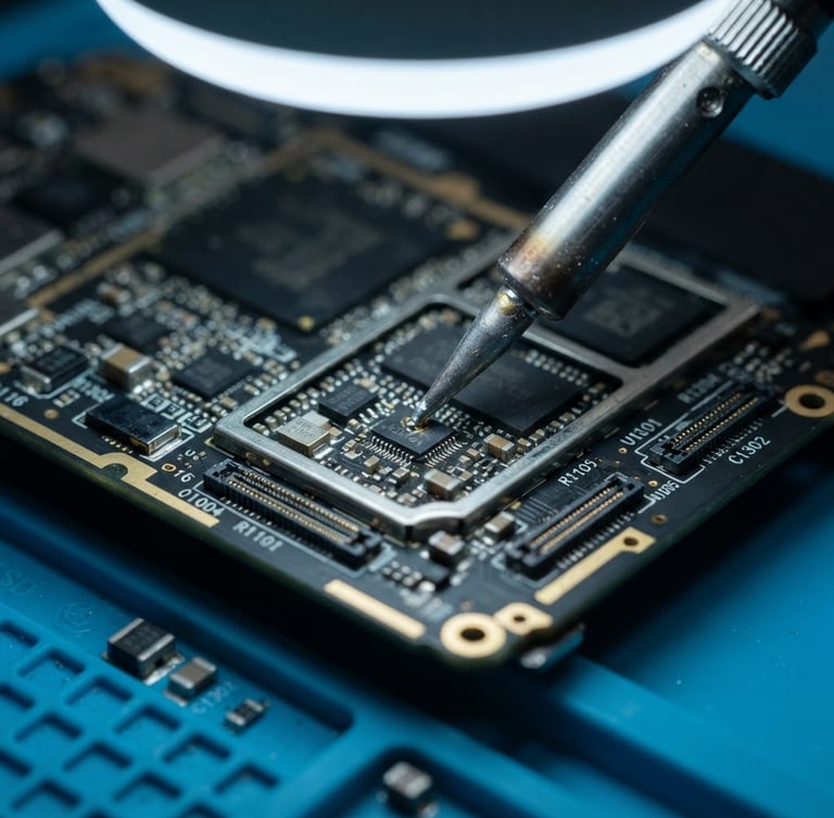 Macro photography of a high-precision smartphone motherboard under an industrial microscope, a micro-soldering iron tip touching a tiny chip, cool white clinical laboratory lighting, shallow depth of field, professional ESD-safe workbench environment
