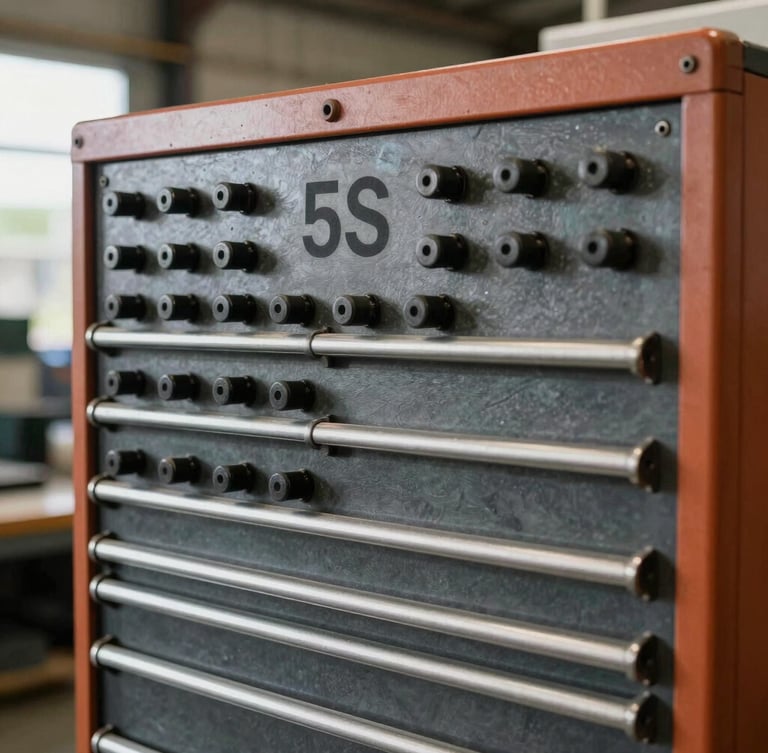 Close-up of a highly organized 5S tool board in an active Australian manufacturing facility, natural warehouse daylight, sharp focus, 35mm lens