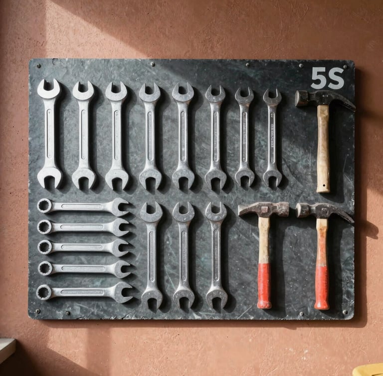 Vertical medium shot of an organized 5S tool board with clean outlines for wrenches and hammers, natural warehouse daylight casting sharp shadows, raw industrial texture.