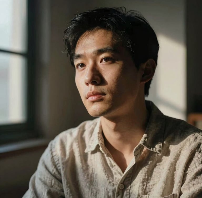 A close-up portrait of an artist in a linen shirt, looking thoughtfully past the camera, soft directional window light highlighting fine facial details, deep chiaroscuro shadows