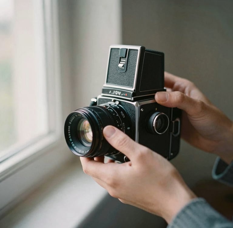 A close-up of a classical photographer's hands adjusting a vintage medium-format camera, soft window light from the left, painterly muted tones, visible film grain