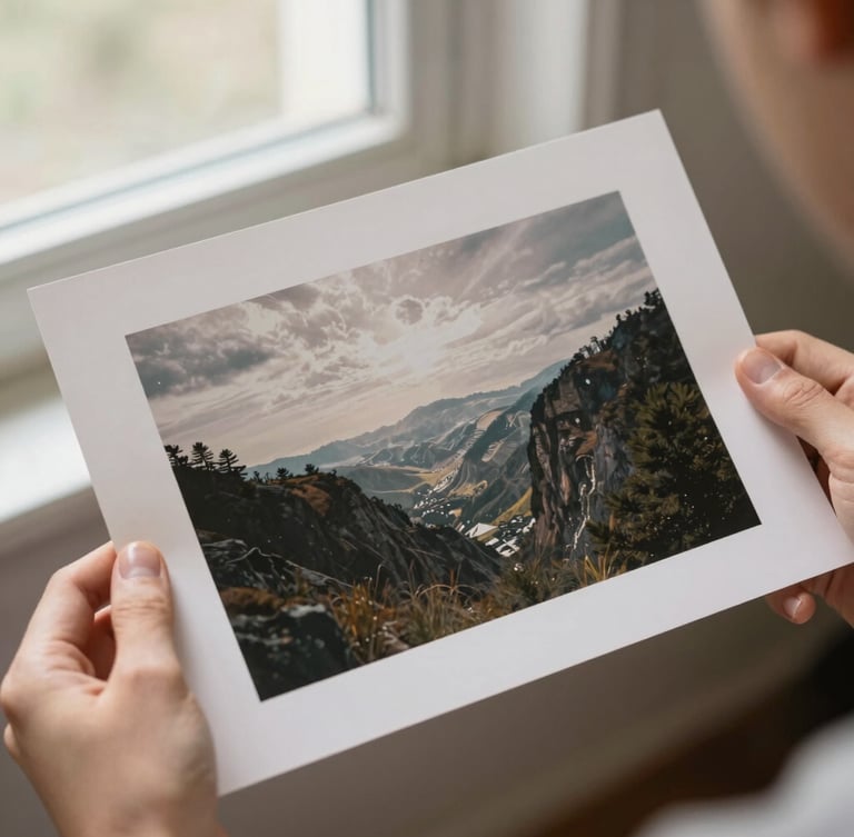 Hands holding a physical fine-art photography print, showing rich textures and heavy paper stock, soft natural daylight