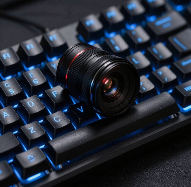 Close-up macro shot of a sleek black mechanical keyboard with glowing electric blue LED backlighting, 35mm lens, shallow depth of field
