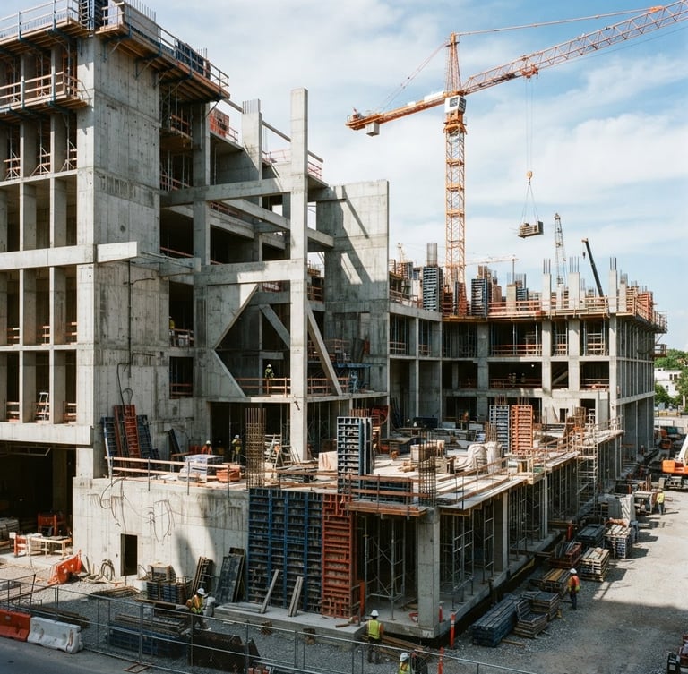 Wide-angle architectural photograph of a modern commercial concrete build mid-construction, sharp geometric daylight and deep shadows, safety-orange crane details in the background, 35mm