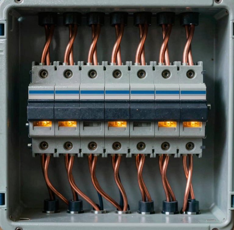 Tight macro shot of perfectly aligned copper wiring inside a heavy-duty industrial breaker panel, crisp safety-amber highlights, 35mm.