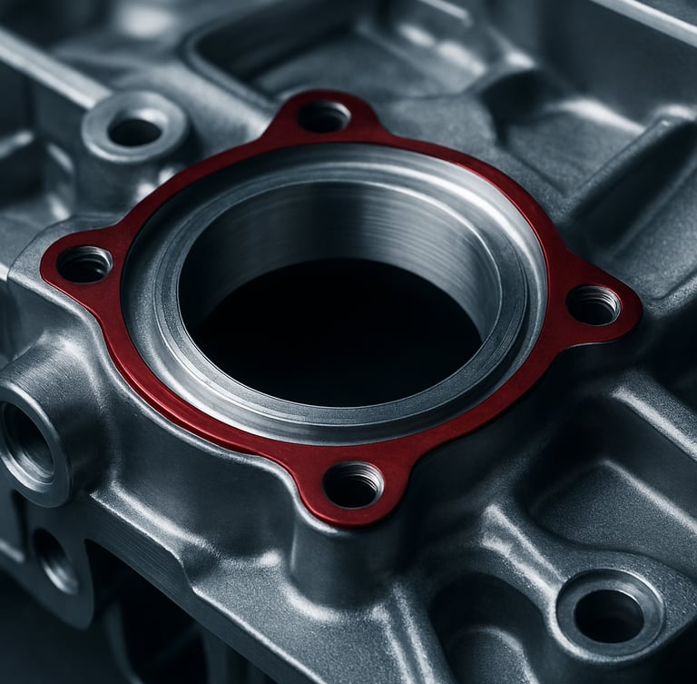 Macro close-up of a high-precision machined automotive component, cool industrial lighting, sharp focus on technical details, 35mm