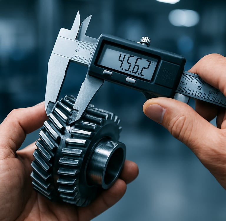 Macro close-up of a quality engineer using digital calipers to measure a machined steel automotive gear, cool industrial lighting, sharp focus on the caliper display