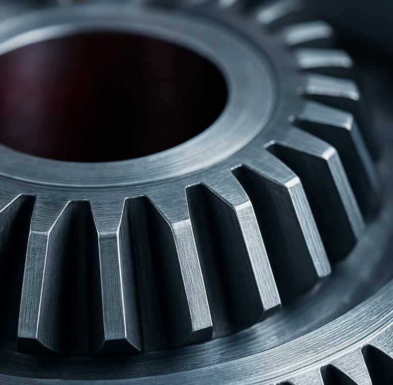 Macro close-up of a machined steel automotive gear showing precise metallic texture, cool crisp industrial lighting, sharp focus, 35mm