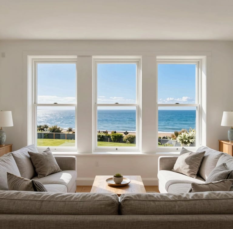 Straight-on architectural photograph of a pristine coastal cottage living room in Colwyn Bay, crisp natural daylight streaming through sash windows, perfectly arranged linen throws, sharp focus, 35mm