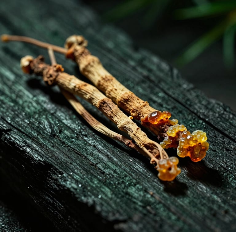 Portrait-oriented close-up of dried wild-harvested roots and sticky pine resin resting on dark charred oak wood. Dramatic side lighting, heavy shadows, deep green and amber tones, macro lens.