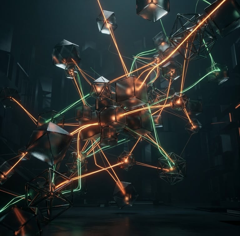 Sleek 3D render of dark glassmorphism nodes, glowing orange and pine green light trails connecting geometric data blocks, dark studio lighting, octane render, 9:16 portrait aspect