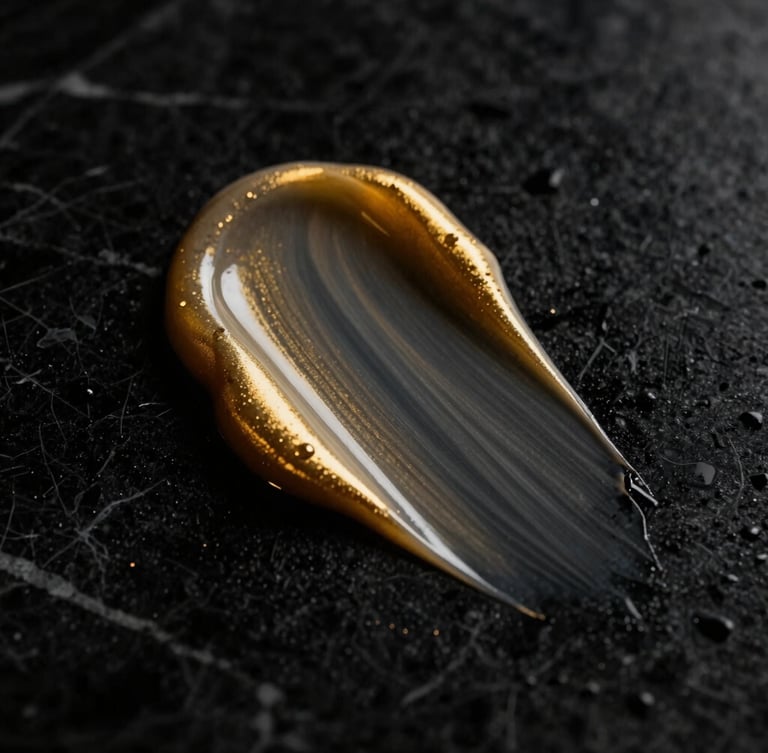 Macro close-up of premium men's face cream texture on a black marble surface, dramatic low-key studio lighting, rich gold accents, cinematic 35mm.