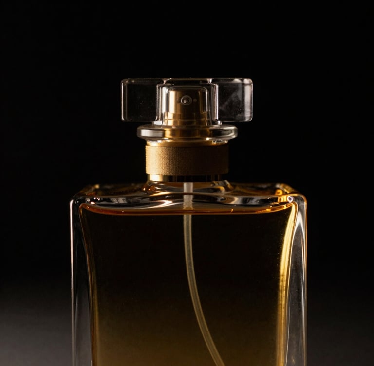 Dramatic low-key close-up of a luxury heavy-glass cologne bottle catching sharp golden rim light against an obsidian black background, cinematic 35mm
