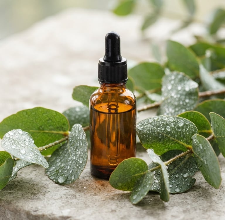 Macro photography of amber glass dropper bottles reflecting soft morning daylight, fresh eucalyptus leaves with water droplets, light stone background, clean editorial style.