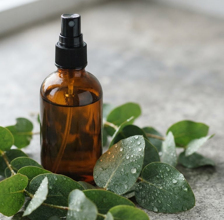 Macro close-up of an amber glass spray bottle reflecting soft morning daylight, fresh eucalyptus leaves with water droplets, minimalist stone surface.