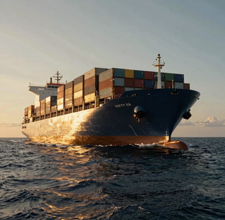 Low-angle cinematic shot of a massive container vessel cutting through deep ocean waters at golden hour, dramatic sunlight reflecting off metallic surfaces, epic scale, anamorphic lens