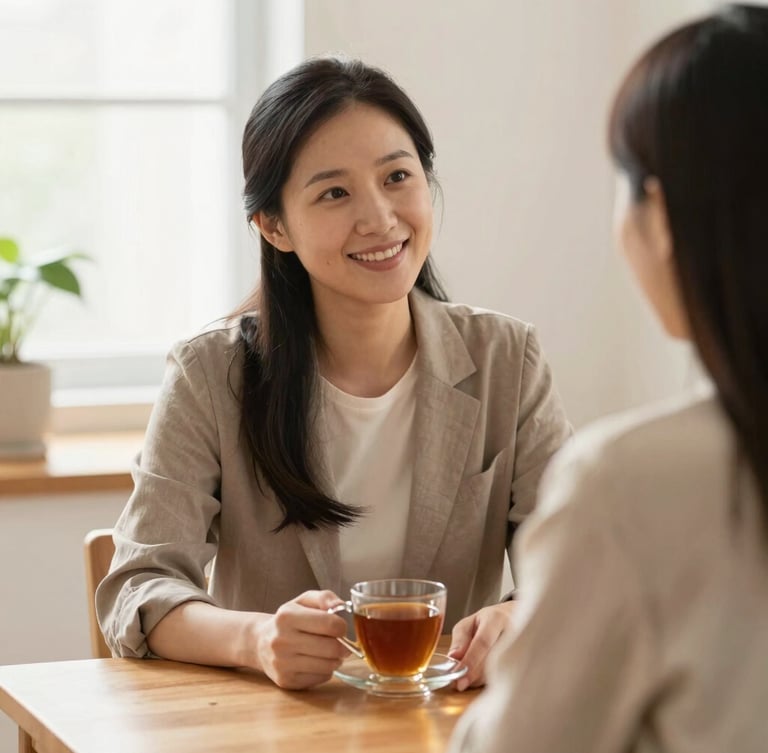 Warm editorial portrait of a professional counselor and a client sitting at a wooden table with a cup of tea, soft natural daylight, calm and reassuring atmosphere