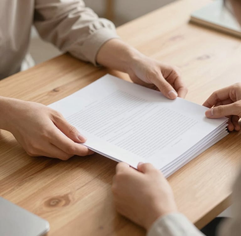 A close-up editorial photograph of hands organizing documents on a clean wooden desk, soft natural light, warm earth tones, peaceful environment.
