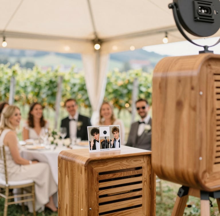 Elegant wooden photobooth setup in a bright Swiss vineyard wedding venue, warm ambient light, laughing guests in the background, shallow depth of field, 35mm