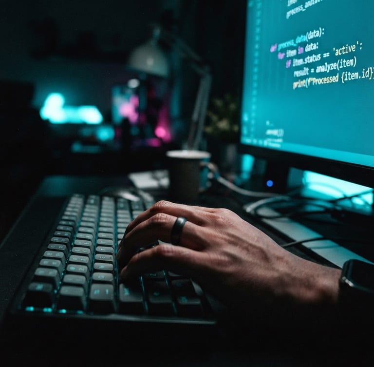 Dark, moody close-up of a developer's desk at night, neon cyan glow from a monitor displaying clean code, a hand on a mechanical keyboard, shallow depth of field, left third of the frame shows the hand and keyboard, right two-thirds is blurred background.