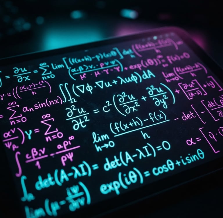 Tablet üzerinde yazılmış karmaşık bir matematiksel formül, neon cyan ve magenta ışıklarla aydınlatılmış karanlık bir ortamda, makro çekim, sığ alan derinliği, teknik şema.